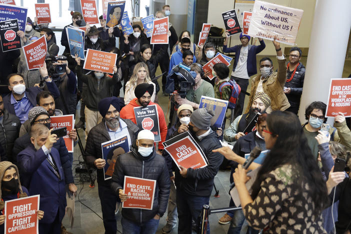 Seattle Councilmember Kshama Sawant speaks to supporters and opponents a of a proposed ordinance to add caste to Seattle's anti-discrimination laws rally at Seattle City Hall, Tuesday, Feb. 21, 2023.
