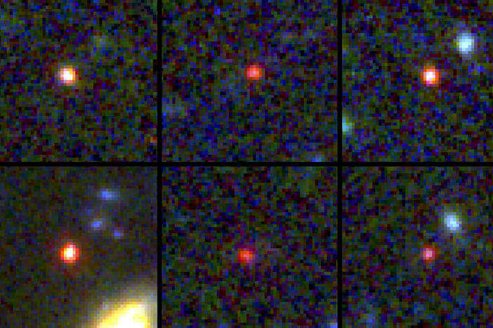 These images provided by NASA and the European Space Agency show six candidate massive galaxies, seen 500 million to 800 million years after the Big Bang.