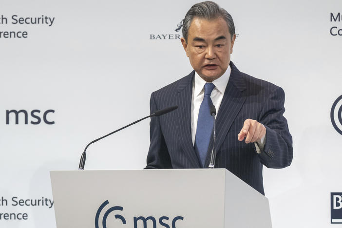 Wang Yi, China's director of the Office of the Central Foreign Affairs Commission, speaks during the Munich Security Conference in Munich, Germany, Feb. 18, 2023. One year into Russia's war against Ukraine, China is offering a 12-point proposal to end the fighting.