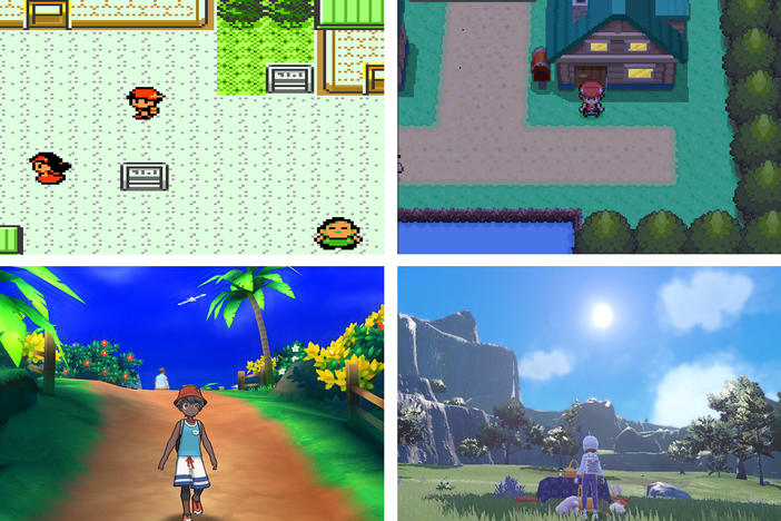 <em></em>Clockwise from the upper left: <em>Pokémon Silver</em> (1999), <em>Pearl</em> (2006), <em>Ultra Sun</em> (2017) and <em>Violet</em> (2022).