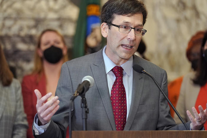 Washington state Attorney General Bob Ferguson, seen speaking at the Capitol in Olympia, Wash., last March, is one of a dozen state attorneys general arguing for expanded access to an abortion pill that carries extra FDA restrictions.