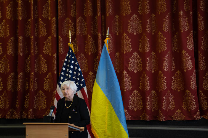 Treasury Secretary Janet Yellen speaks at a school in Kyiv, Ukraine, on Monday.