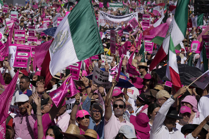 Anti-government demonstrators protest against recent reforms pushed by President Andres Manuel Lopez Obrador to the country's electoral law that they say threaten democracy, in Mexico City's main square, The Zocalo, Sunday, Feb. 26, 2023.