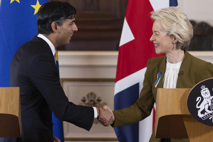 British Prime Minister Rishi Sunak (left) and European Commission President Ursula von der Leyen shake hands after a news conference at Windsor Guildhall, Windsor, England, Monday. The U.K. and the European Union ended years of wrangling, sealing a deal to resolve a dispute over Northern Ireland.