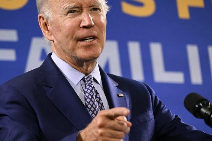 President Biden speaks about student debt relief at Central New Mexico Community College Student Resource Center in Albuquerque, N.M., on Nov. 3, 2022. His plan to forgive up to $20,000 of student debt is being challenged at the Supreme Court.