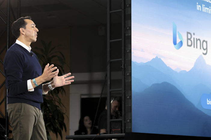 Yusuf Mehdi, Microsoft corporate vice president of modern Llife, search, and devices speaks during an event introducing a new AI-powered Microsoft Bing and Edge at Microsoft in Redmond, Wash., earlier this month.