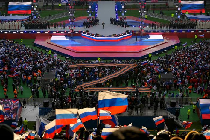 Russian President Vladimir Putin speaks during a patriotic concert in Moscow just ahead of the one-year anniversary of Russia's invasion of Ukraine on Feb. 22, 2023.