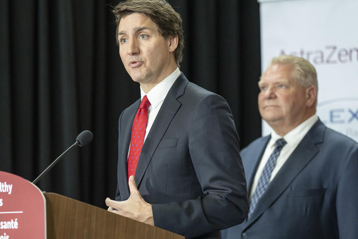 Canadian Prime Minister Justin Trudeau answers questions at an announcement in Mississauga, Ontario, Monday, Feb. 27, 2023.