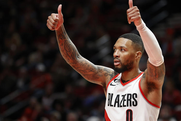 Damian Lillard of the Portland Trail Blazers reacts during a game against the San Antonio Spurs on January 23, 2023.