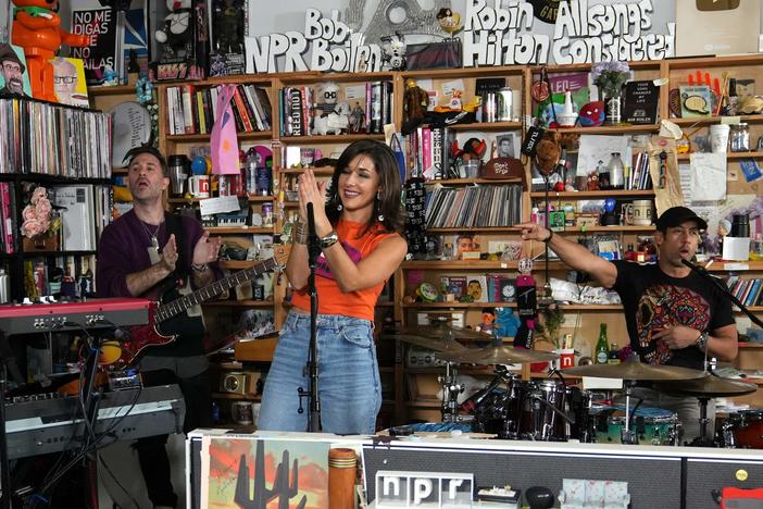 Antonio Sánchez (right) performs a Tiny Desk concert with Bad Hombre band members BIGYUKI (from left), Lex Sadler and Thana Alexa Tuesday, Jan. 31, 2023, at NPRâs headquarters in Washington, D.C.
