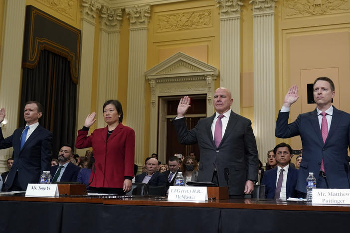 From left, Scott Paul, president of the Alliance for American Manufacturing; human rights advocate Tong Yi; H.R. McMaster, a former national security adviser to president Donald Trump; and Matt Pottinger, a former deputy national security adviser, testified at the U.S.-China committee hearing on Tuesday.