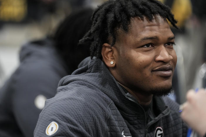 Georgia defensive lineman Jalen Carter speaks during media day ahead of the national championship NCAA College Football Playoff game on Jan. 7 in Los Angeles. He has been charged with reckless driving and racing in conjunction with the crash that killed offensive lineman Devin Willock and a recruiting staff member.