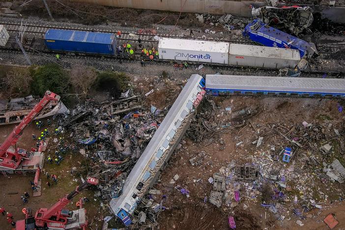 Emergency crews continue to search through the wreckage after a train accident in the Tempe Valley near Larissa, Greece on Tuesday evening. At least 43 people were killed.