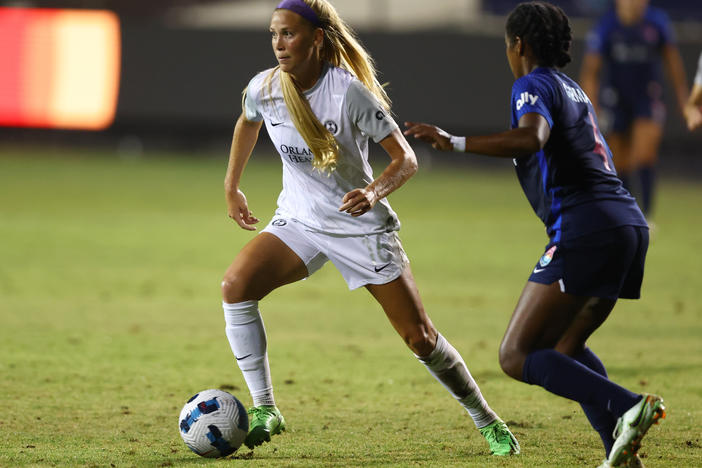 Mikayla Cluff (left) of the Orlando Pride defends Naomi Girma of the San Diego Wave FC during an Aug. 13, 2022, game in San Diego, Calif. The Pride's uniforms will be looking different this season after the team ditched players' white shorts.