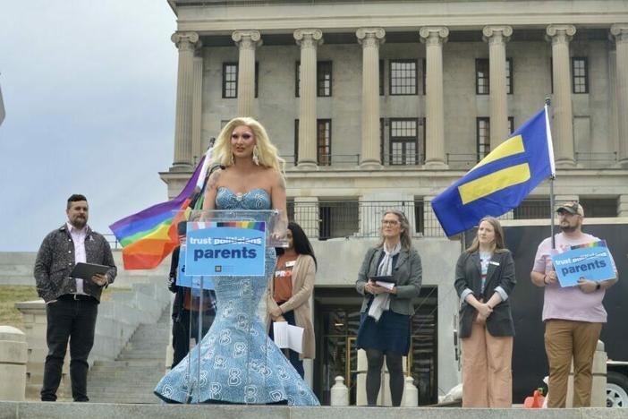 Britney Banks speaks to protesters outside the Tennessee state Capitol on Feb. 14, 2023, as the legislature hears testimony on two bills that would restrict the rights of LGBTQ people in the state.