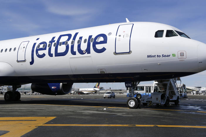 A JetBlue airplane is shown at John F. Kennedy International Airport in New York, March 16, 2017.