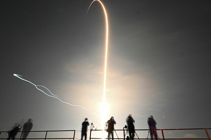 This timed exposer shows the trail as the SpaceX Falcon 9 rocket with the companys Crew Dragon spacecraft lifts off from pad 39A for the Crew-6 mission at NASA's Kennedy Space Center in Cape Canaveral, Florida, early on March 2, 2023.