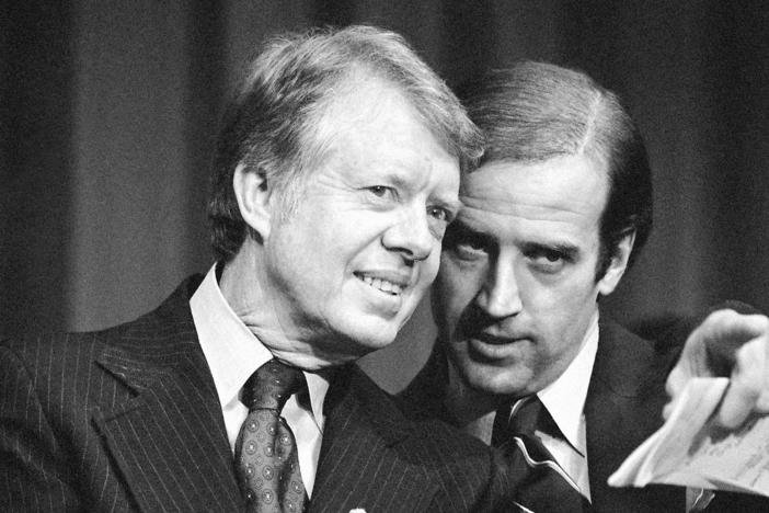 Feb. 20, 1978: President Jimmy Carter listens to Sen. Joe Biden as they wait to speak at a fundraiser in Wilmington, Del.