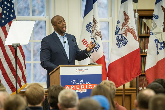 Republican Sen. Tim Scott of South Carolina speaks during a Faith in America tour event at Drake University in Des Moines, Iowa, on Feb. 22.