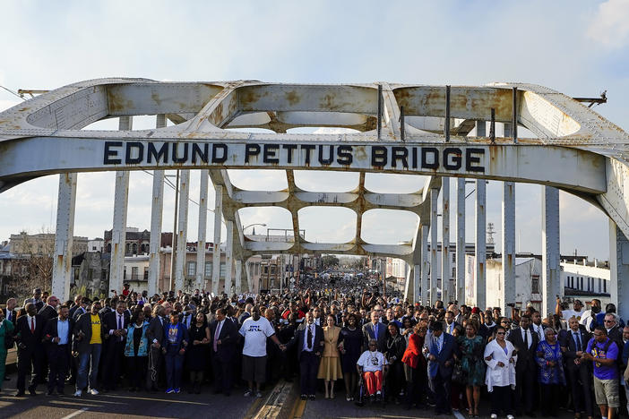 Vice President Kamala Harris marches on the Edmund Pettus Bridge after speaking in Selma, Ala., on the anniversary of "Bloody Sunday," on March 6, 2022.