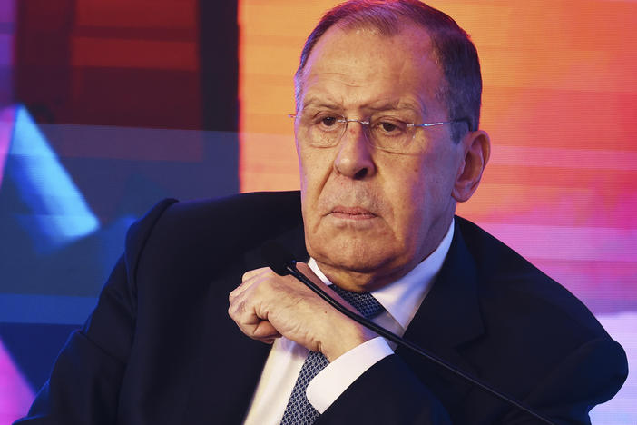 In this handout photo released by Russian Foreign Ministry Press Service, Russian Foreign Minister Sergey Lavrov participates in the Raisina Dialogue conference on the sideline of the G-20 foreign ministers meeting in New Delhi on Friday.