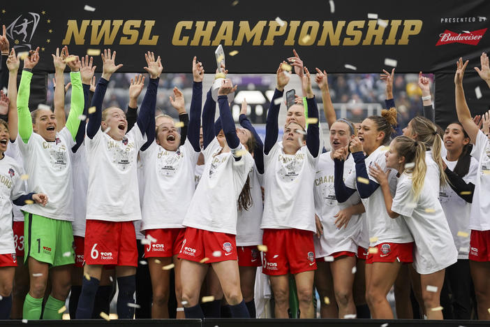 Washington Spirit players celebrate after defeating Chicago Red Stars in the NWSL Championship soccer match Nov. 20, 2021, in Louisville, Kentucky.