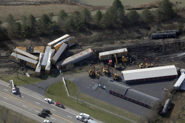 An aerial view of a Norfolk Southern train derailment, which sent more than 20 cars sliding off the tracks on Saturday near Springfield, Ohio.