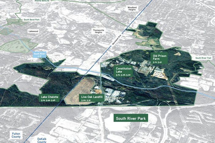 An aerial map of Atlanta's southeastern metro area shows the location of the Old Prison Farm, at right, in a 2017 planning document. The site was slated to be folded into a network of public parks — but a large public safety training center is now poised to take up a chunk of that real estate.
