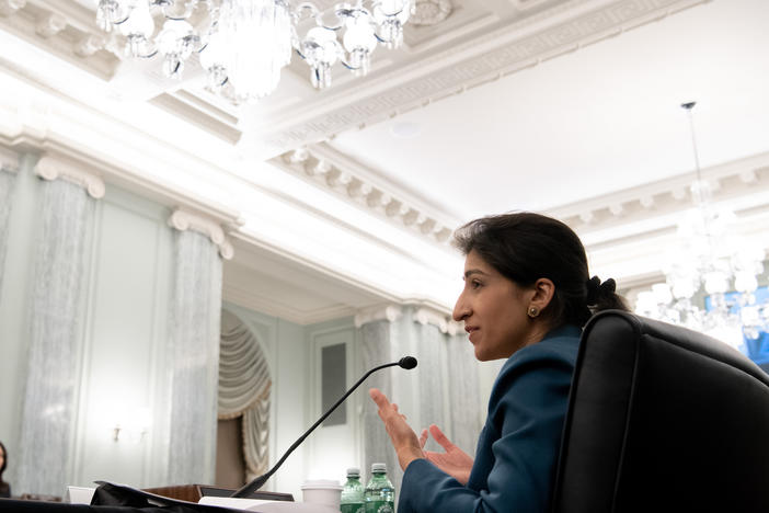 Lina Khan, as nominee for Commissioner of the Federal Trade Commission (FTC), speaks at a Senate Committee on Commerce, Science, and Transportation confirmation hearing on Capitol Hill on April 21, 2021.