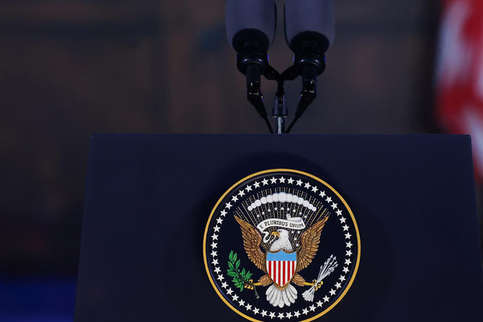 Seal of the President of the United States symbol is seen on a podium before the remarks of the President of the United States Joe Biden at the Royal Castle Gardens in Warsaw, Poland on February 21, 2023.