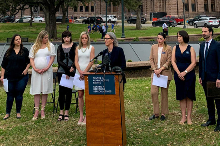 Nancy Northup, president and CEO of the Center for Reproductive Rights, speaks near the Texas Capitol in Austin during an event to announce that her group is suing the state on behalf of five women and two doctors.