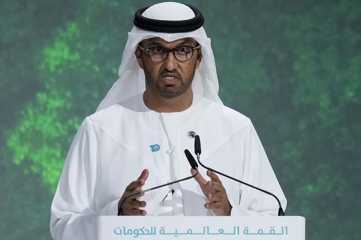 Sultan al-Jaber, the CEO of Abu Dhabi National Oil Co., talks during the World Government Summit in Dubai, United Arab Emirates, Feb 14, 2023.