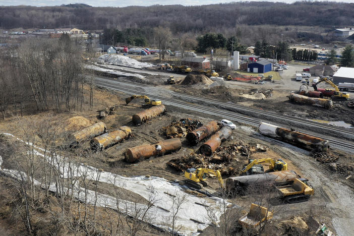 A view of the scene in East Palestine, Ohio, in late February as the cleanup continues at the site of a Norfolk Southern freight train derailment.