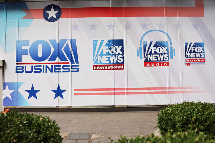 The logos for Fox programs are displayed on the News Corp. building on Jan. 25, 2023 in New York City.