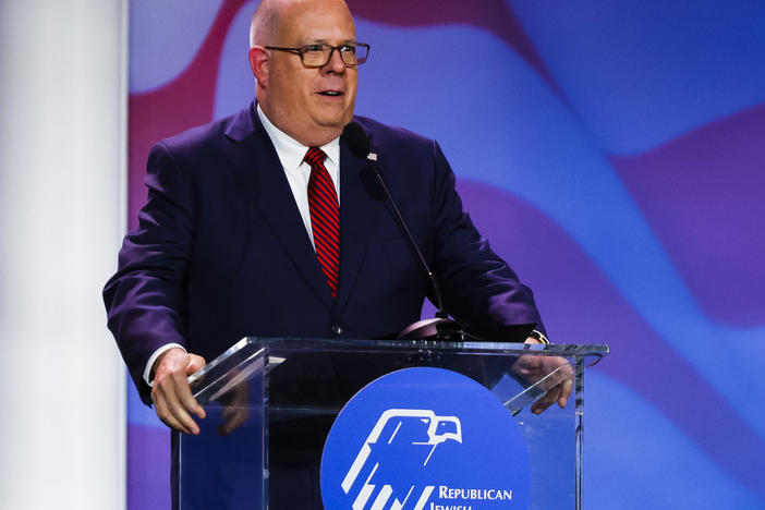 Then-Maryland Gov. Larry Hogan speaks at a meeting in Las Vegas in November 2022. He finished his second term in January.