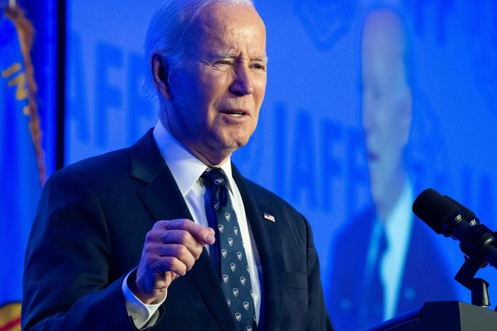 President Biden speaks to the International Association of Fire Fighters at a conference in  Washington on March 6, 2023.