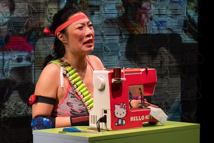 Los Angeles artist Kristina Wong in <a href="https://www.centertheatregroup.org/tickets/kirk-douglas-theatre/2022-23/kristina-wong-sweatshop-overlord/"><em>Kristina Wong, Sweatshop Overlord</em></a>, a co-production with East West Players.