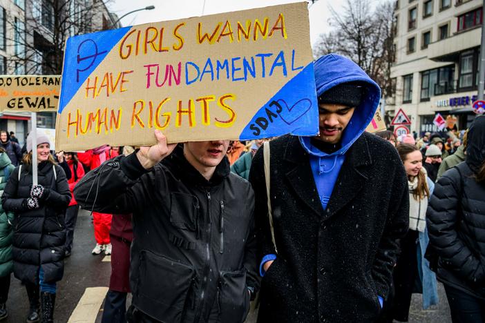 Protesters march in Berlin to mark International Women's Day on Wednesday.
