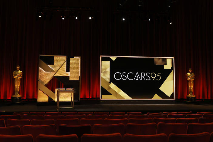 A view of the podium and the Oscar statue before the announcement of the 95th Academy Award nominations at Samuel Goldwyn Theater on Jan. 24, 2023 in Beverly Hills, Calif.