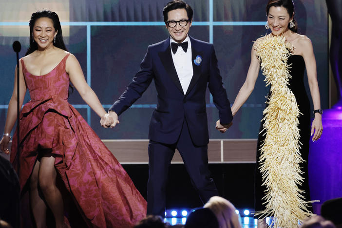 Stephanie Hsu, Ke Huy Quan and Michelle Yeoh appear onstage during the 29th Annual Screen Actors Guild Awards on Feb. 26, 2023 in Los Angeles, Calif.