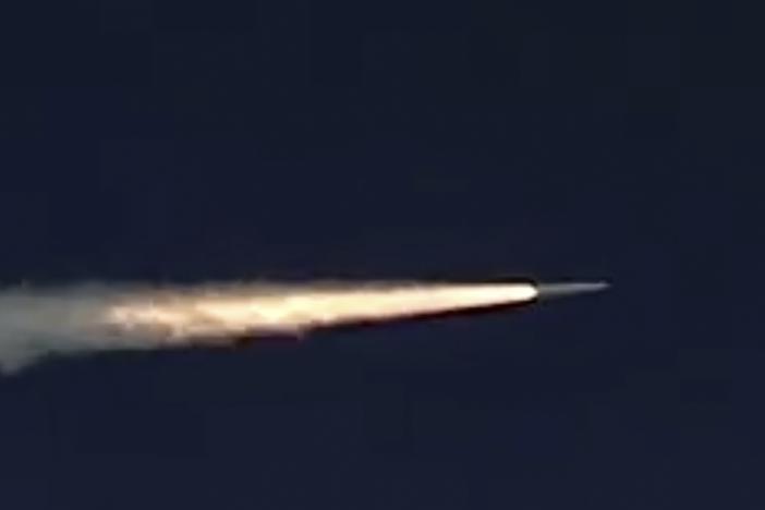 In this 2018 photo made from footage taken from the Russian Defense Ministry's official website, a Russian Kinzhal hypersonic missile flies during a test in southern Russia.