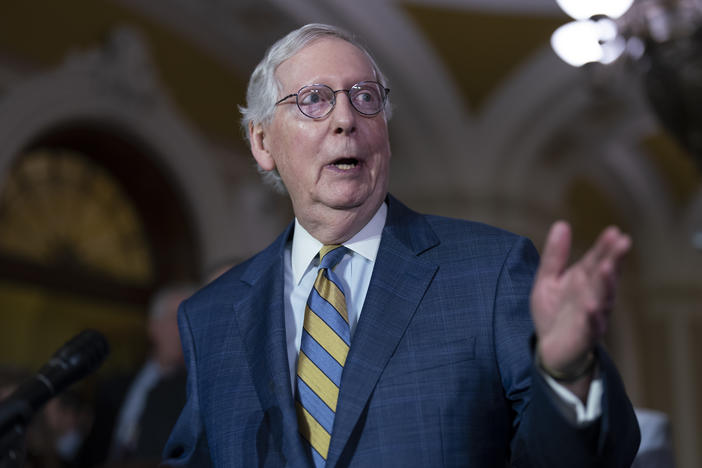 Senate Minority Leader Mitch McConnell, R-Ky., speaks to reporters following a policy meeting at the Capitol Tuesday.