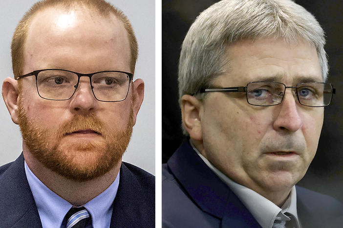 This combination photo shows Travis McMichael (from left), William Bryan and Gregory McMichael during their trial at the Glynn County Courthouse in Brunswick, Ga. The three men have filed appeals of their federal hate crime convictions.