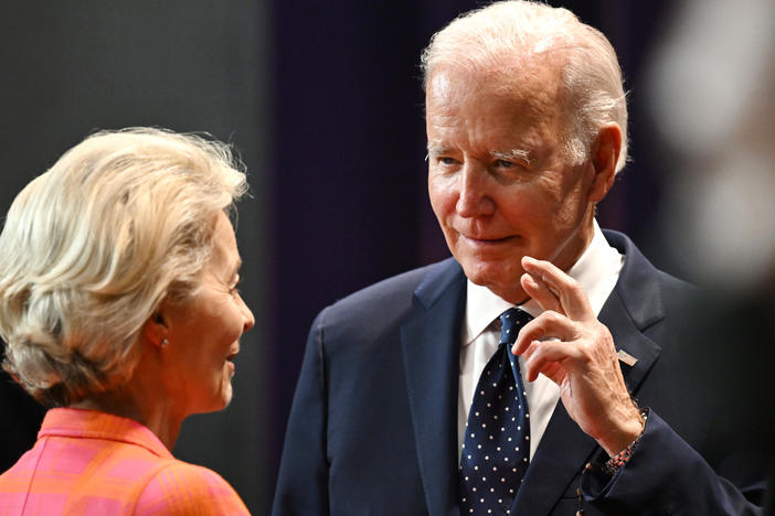President of the European Commission Ursula von der Leyen speaks with President Biden at the global meeting of G-20 leaders on Nov. 15, 2022, in Nusa Dua, Indonesia