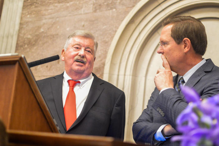 Tennessee House Speaker Cameron Sexton and Lt. Gov. Randy McNally speak ahead of Gov. Bill Lee's State of the State Address. Monday, Feb. 06, 2023, in Nashville, Tenn.