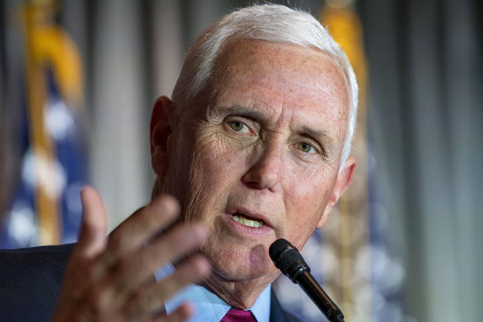 Former Vice President Mike Pence speaks at a Coolidge and the American Project luncheon on Feb. 16. On Saturday, Pence criticized former President Donald Trump for his role in the Jan. 6, 2021, riot at the U.S. Capitol.