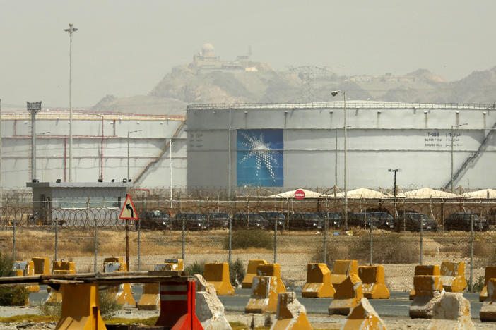FILE - Storage tanks are seen at the North Jiddah bulk plant, an Aramco oil facility, in Jiddah, Saudi Arabia, on March 21, 2021. Oil giant Saudi Aramco said Sunday, March 12, 2023, it earned a $161 billion profit last year, attributing its earnings to higher crude oil prices.