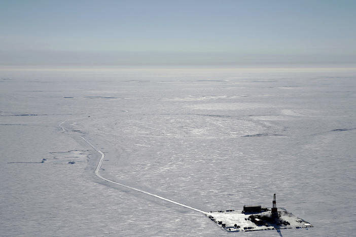 This 2019 aerial photo provided by ConocoPhillips shows an exploratory drilling camp at the proposed site of the Willow oil project on Alaska's North Slope.