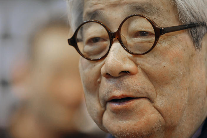 Japanese Nobel Prize winning author Kenzaburo Oe poses in March 2012 during the inauguration of the 32nd Paris Book Fair, which focused on Japanese writers.