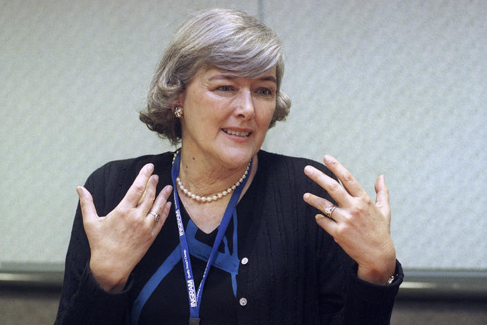 Pat Schroeder speaks to a reporter during an interview at the Los Angeles Convention Center on April 30, 1999. Schroeder, a former Colorado representative and pioneer for women's and family rights in Congress, died March 13, 2023, at the age of 82.